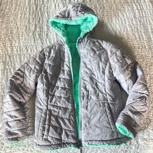 girls size 14/16 coat reversible gray and faux fur mint/ aqua colored, SO brand